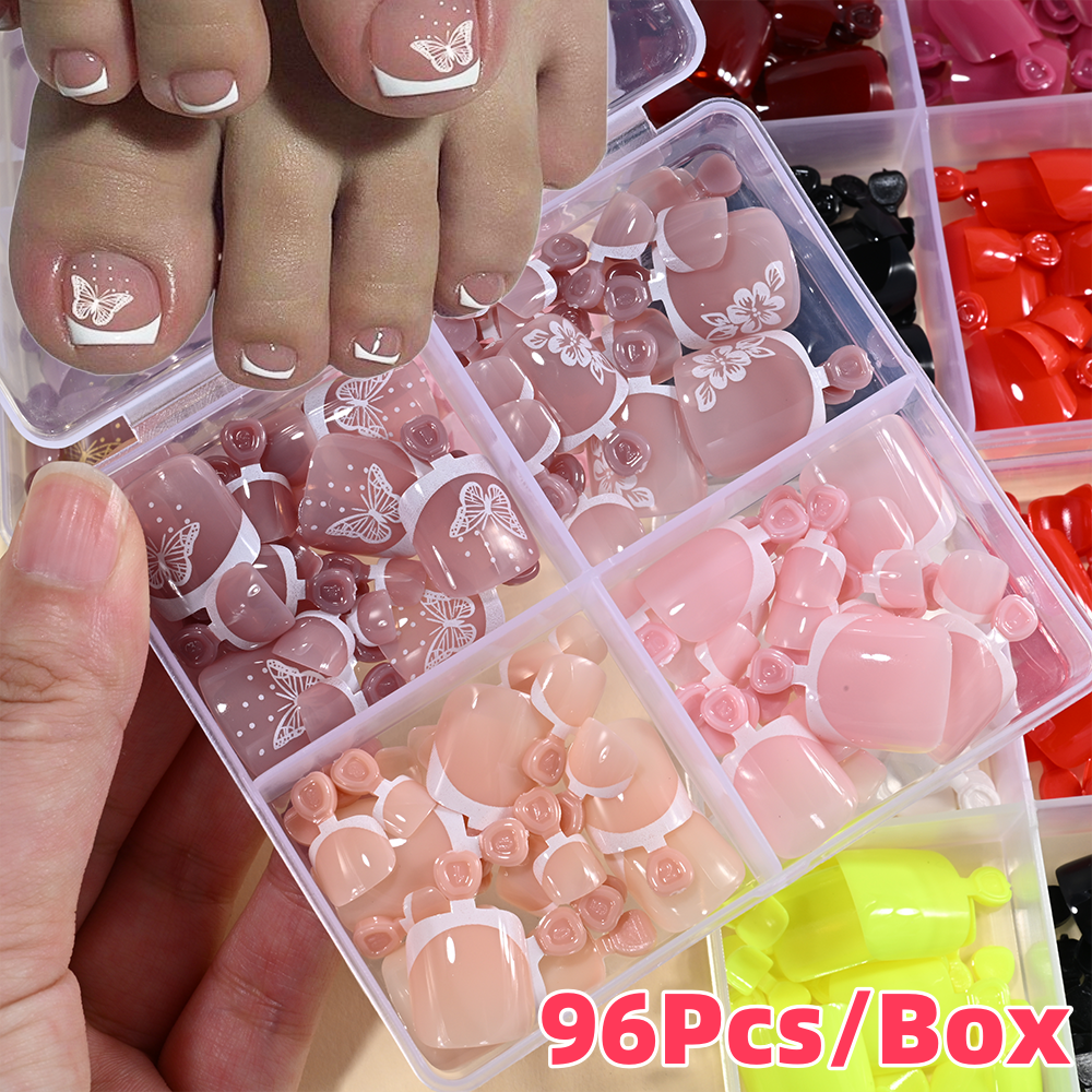 Pressed Flower Art - 96Pcs/Box French Fake Toenails Butterfly/Flower Design