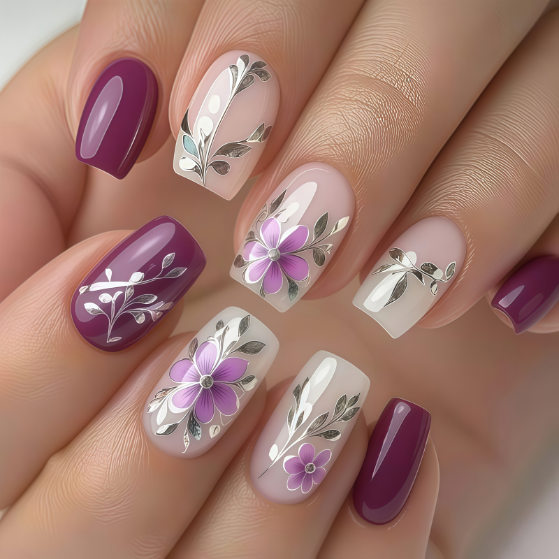 24PCSPurple Press on Nails Med - Pressed Flower Art ulasan dan harga