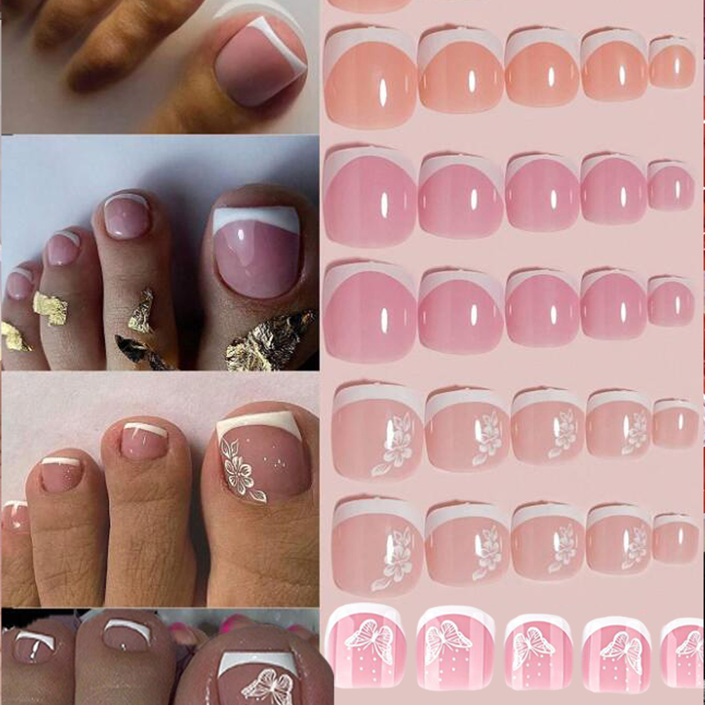96Pcs/Box French Fake Toenails - Pressed Flower Art ulasan dan harga
